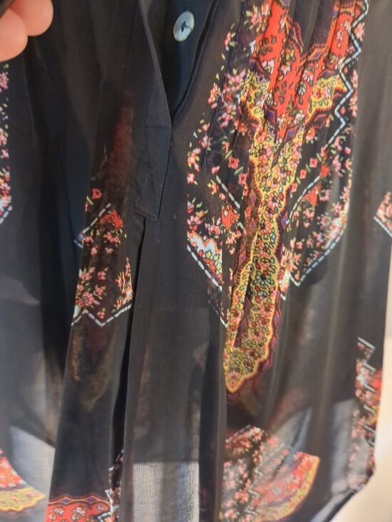 Sheer Black Partial Button Blouse / Tunic with colors of red / yellow /cream / - Picture 8 of 16